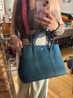 Teal Leather Tote Bag with Removable Shoulder Strap #hermes s excellent cond